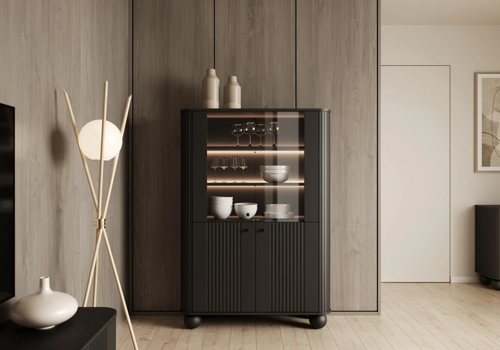 Vesper négyajtós vitrin 103 cm - fekete / fekete fogantyúk / gömb alakú lábak
