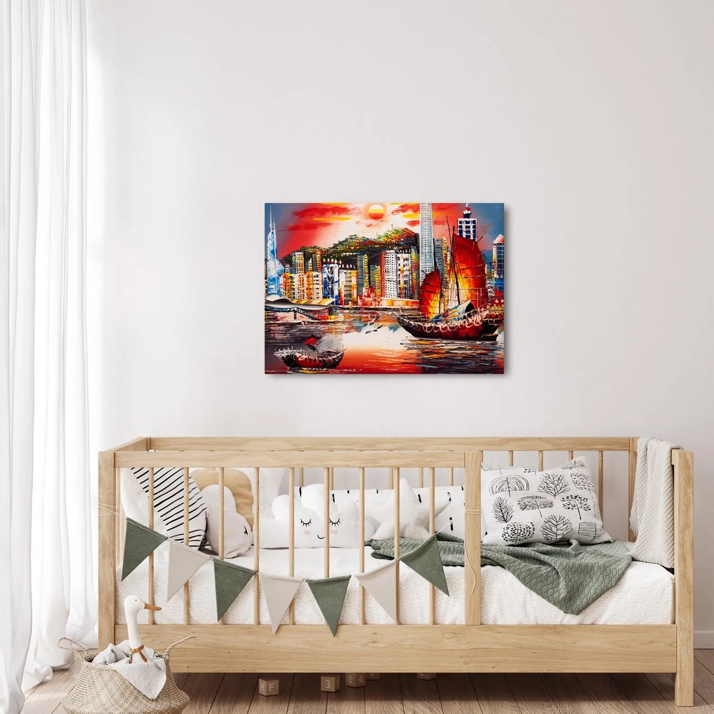 Kép - Victoria Harbour, Hong Kong, olajfestmény (70x50 cm)