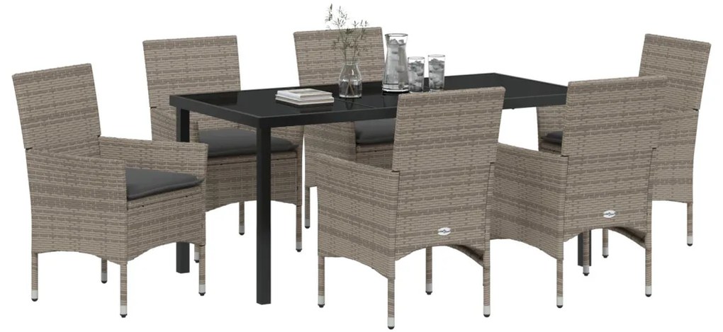 7 Darabos Kerti Étkező Készlet Párnákkal Szürke Polirattan, Kerti Asztal Fekete 160x80x73 cm Edzett Üveg