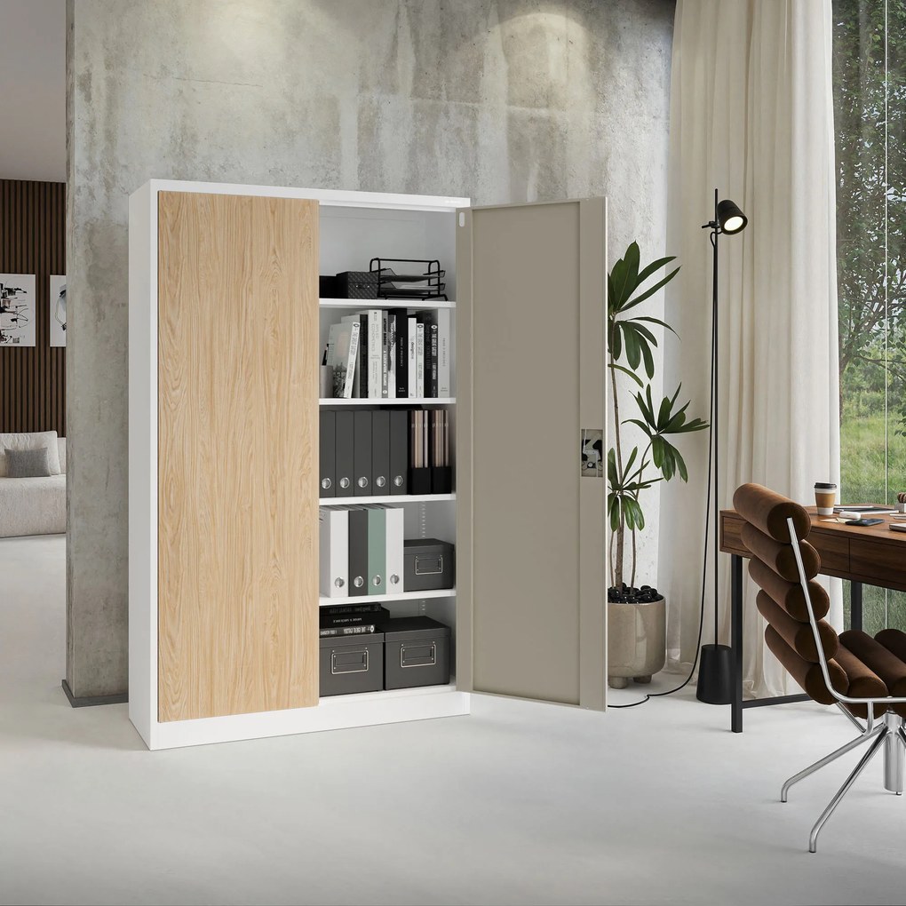 Fém irodai iratszekrény, széles, fehér/sonoma tölgy, 1150x1850x400 mm: JAN II Eco Design