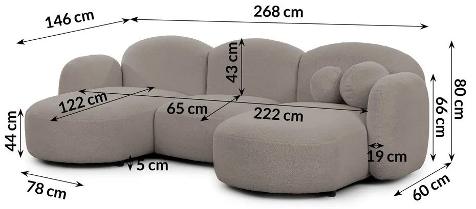 Szürke buklé sarokkanapé (U alakú) Orbit – Ropez