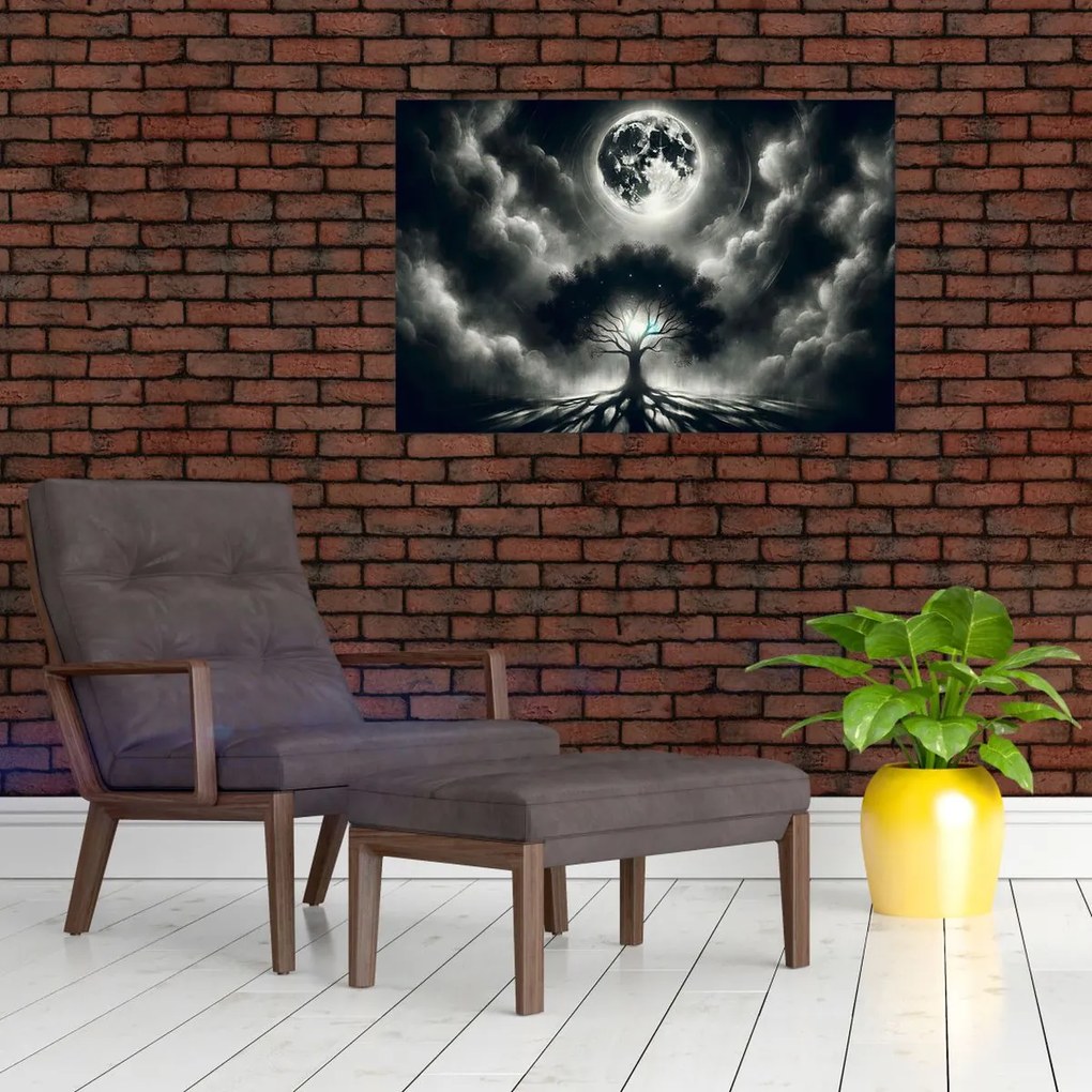 Kép – Fekete-fehér fa teliholdban (90x60 cm)
