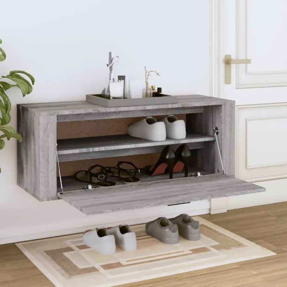 szürke sonoma színű szerelt fa fali cipősszekrény 100x35x38 cm