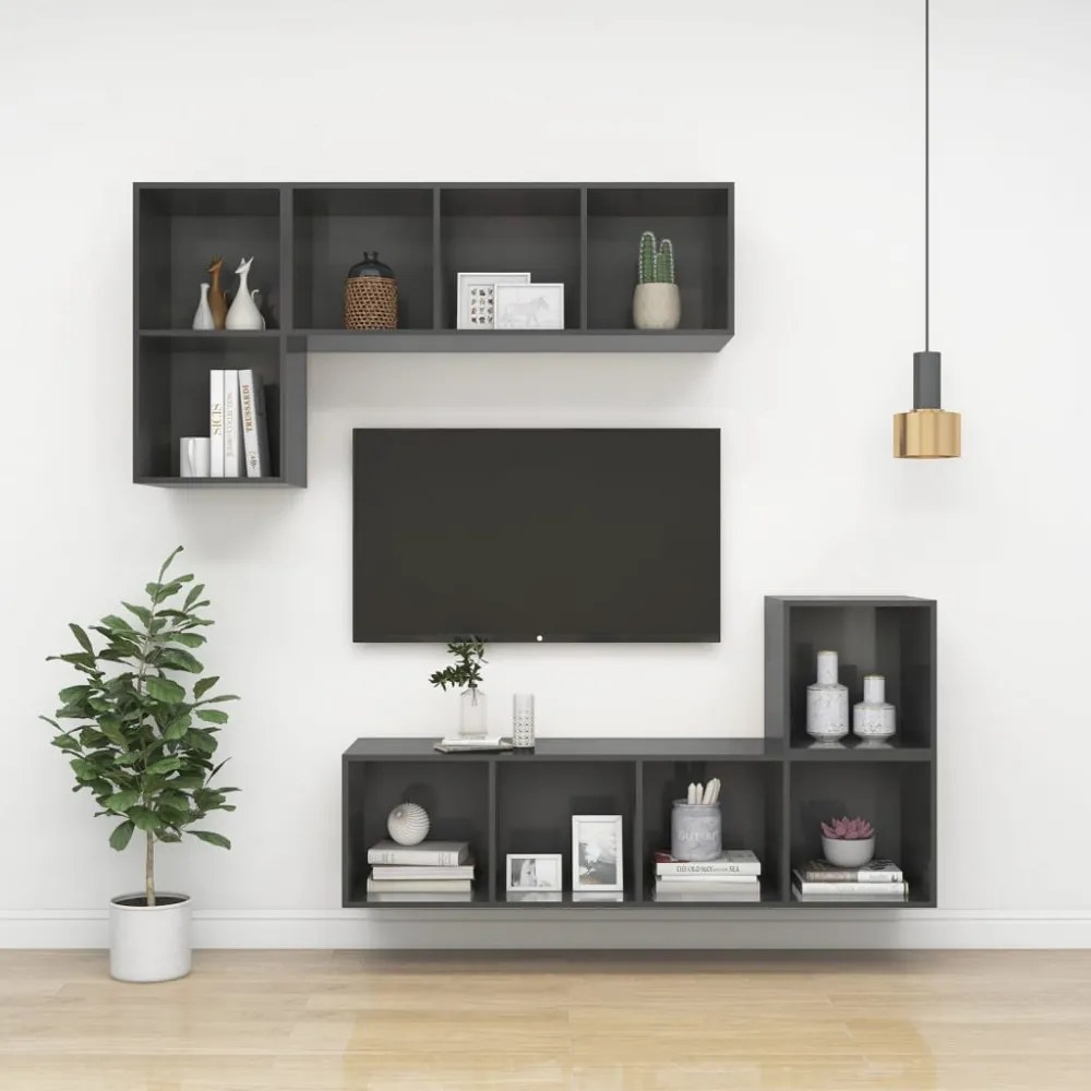 magasfényű szürke szerelt fa fali TV-szekrény 37 x 37 x 72 cm