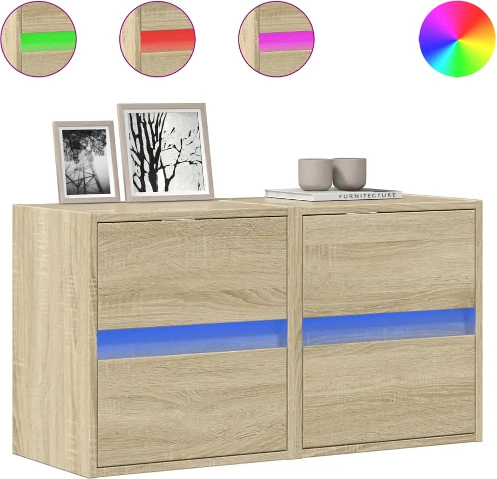 vidaXL 2 db sonoma tölgy színű fali TV-szekrény LED-del 41x31x45 cm
