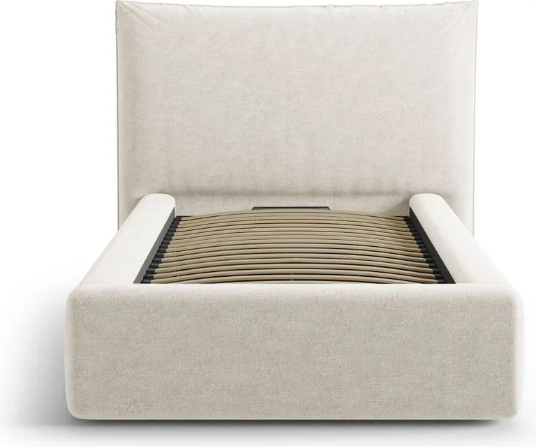 Krémszínű kárpitozott ágyneműtartós egyszemélyes ágy ágyráccsal 90x200 cm Kaelle – Micadoni