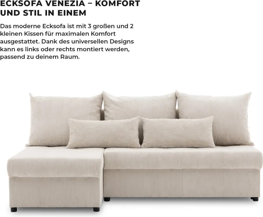 Venezia sarokkanapé, kordbársony, univerzális oldal, bonell töltet, bézs