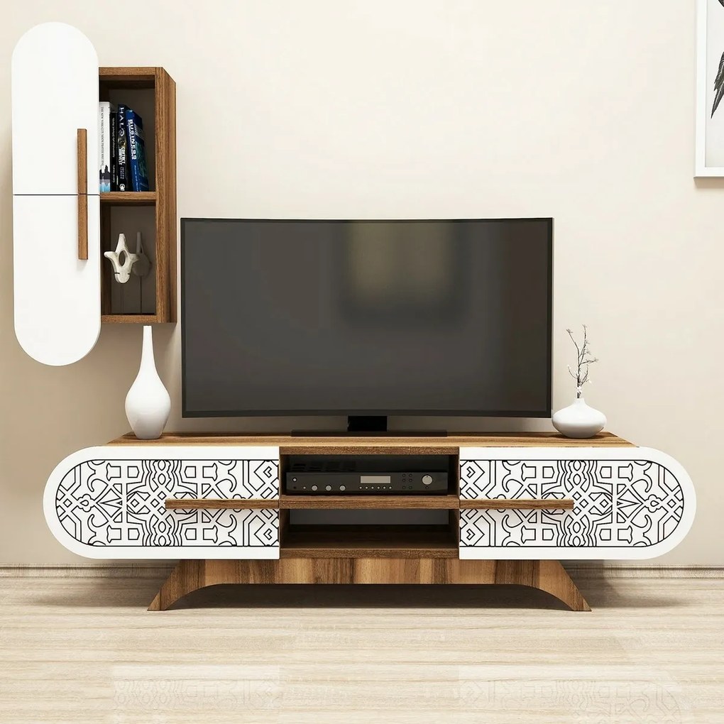 Defne White and Walnut TV-szekrény szekrénnyel
