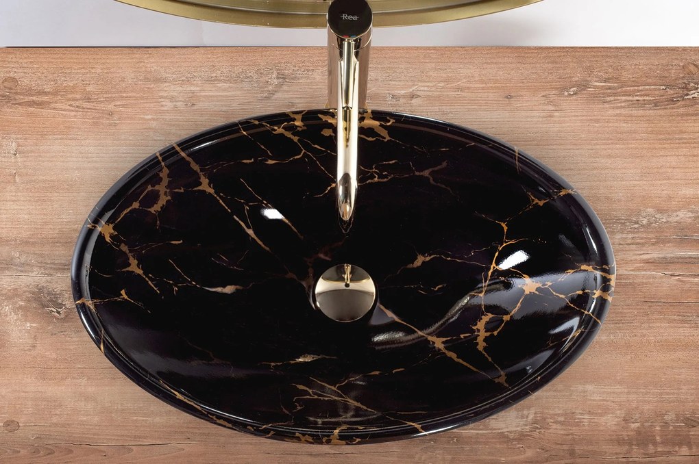 Rea Pamela Black Marble Shiny, munkalap mosogató 530x330x150 mm, fekete fényes-fekete márvány minta, REA-U5067