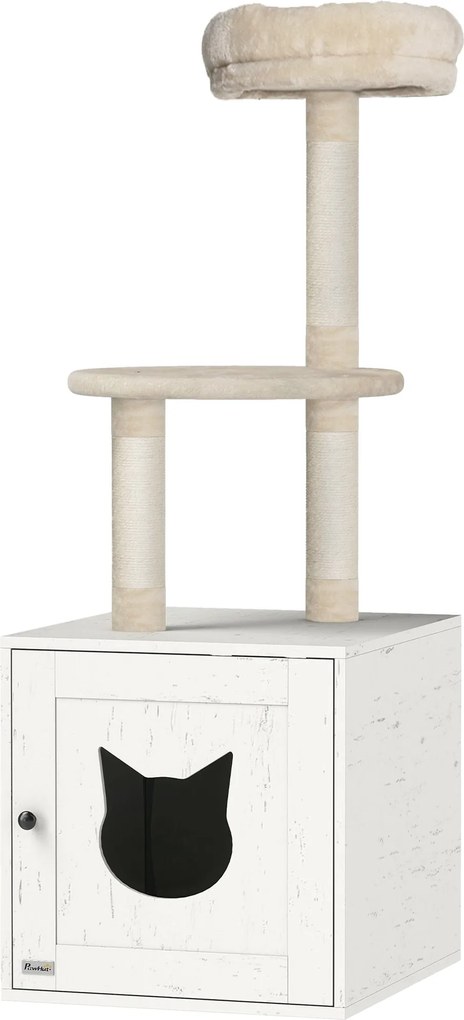 PawHut Macskafa WC Házzal, 2-in-1 Játék Torony, Macskaágy Alomtálcával, Kaparóoszlopokkal, Platform, Ágy, Krém | Aosom