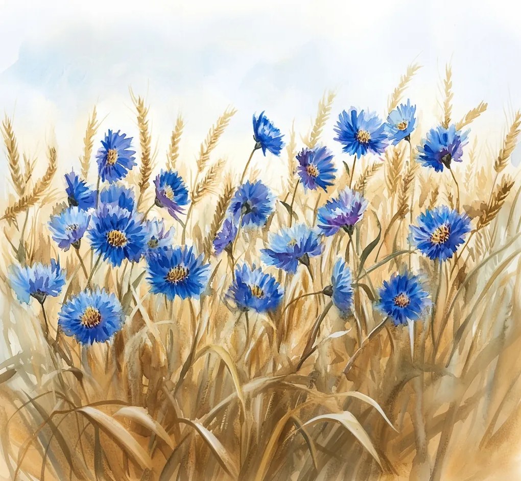 Vászonkép Canvas Akvarell Falu Mező Gabona Búzavirágok 80x80