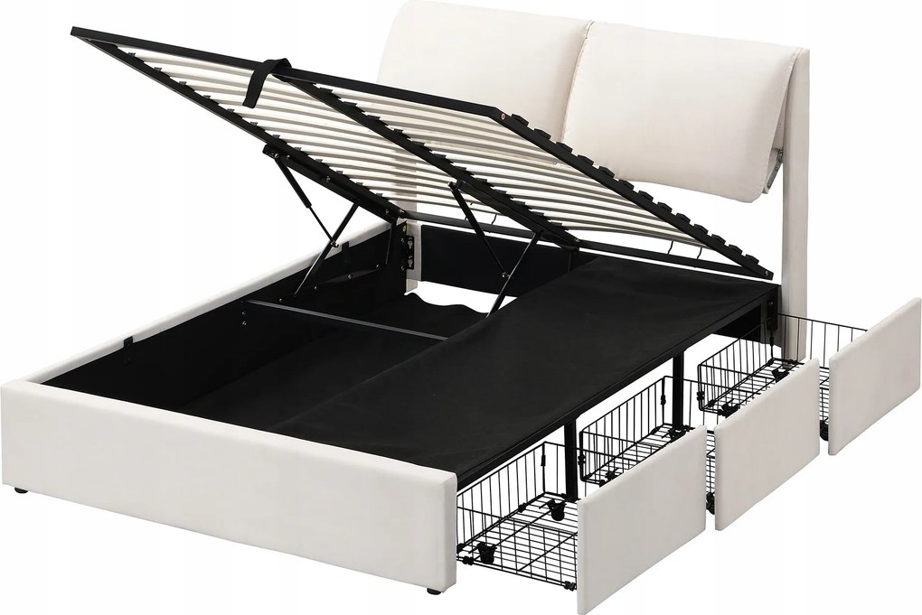 Kárpitozott ágy, 140x200 cm Hidraulikus franciaágy 3 fiókkal Bézs