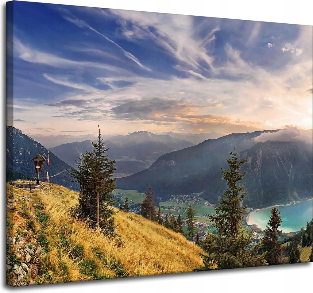 Vászonkép Nap a hegyek felett Felhők Falu 100x80 cm