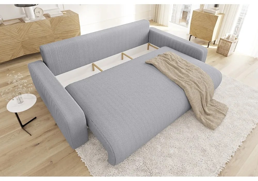 Világosszürke kordbársony kinyitható tárolóhelyes kanapé 234 cm Sara – Ropez