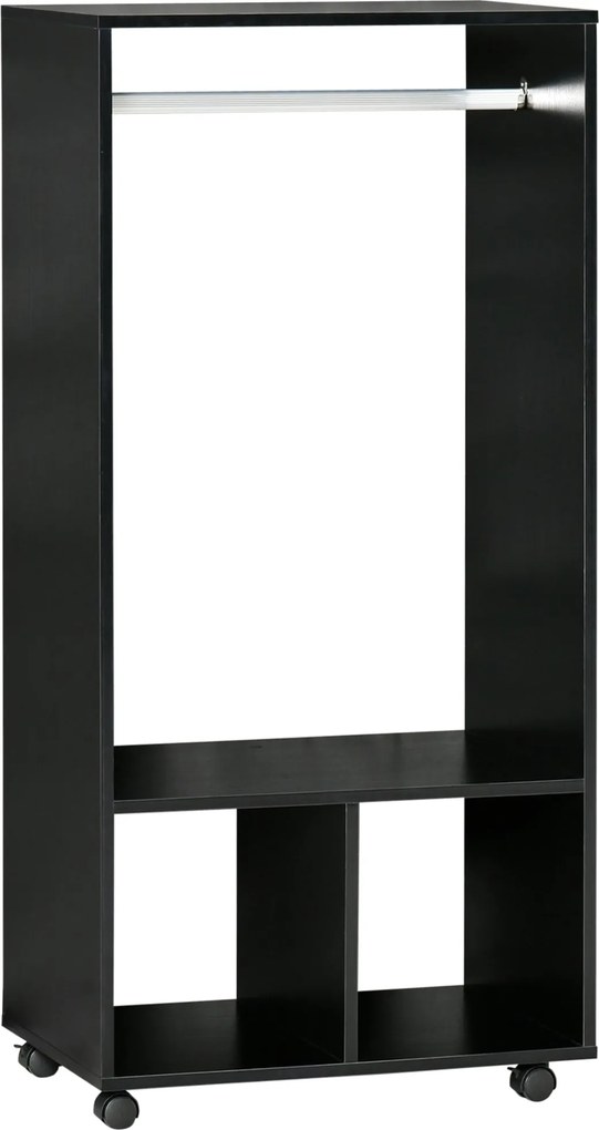 HOMCOM Görgős Szekrény, Nyitott Designú Szekrény Akasztós Rendszerező Polcokkal Hálószobai Ruhákhoz 60x40x128 cm Fekete | Aosom