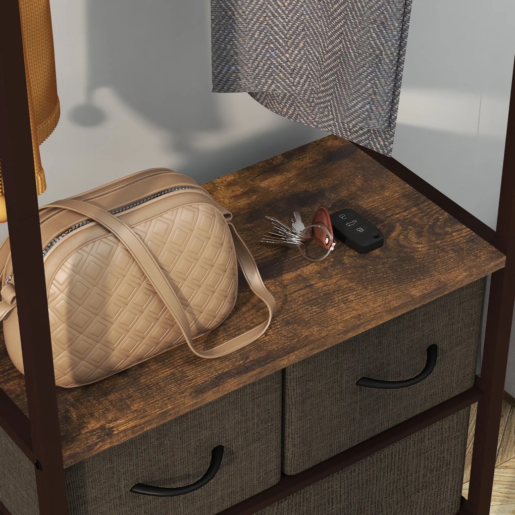 HOMCOM Ruhásszekrény, Kabátakasztó, Ruhatartó 3 Szövet Fiókkal, Tárolópolcokkal és Akasztósrúddal, Előszobába és Hálószobába, 58,5 x 30 x 178 cm, Barn