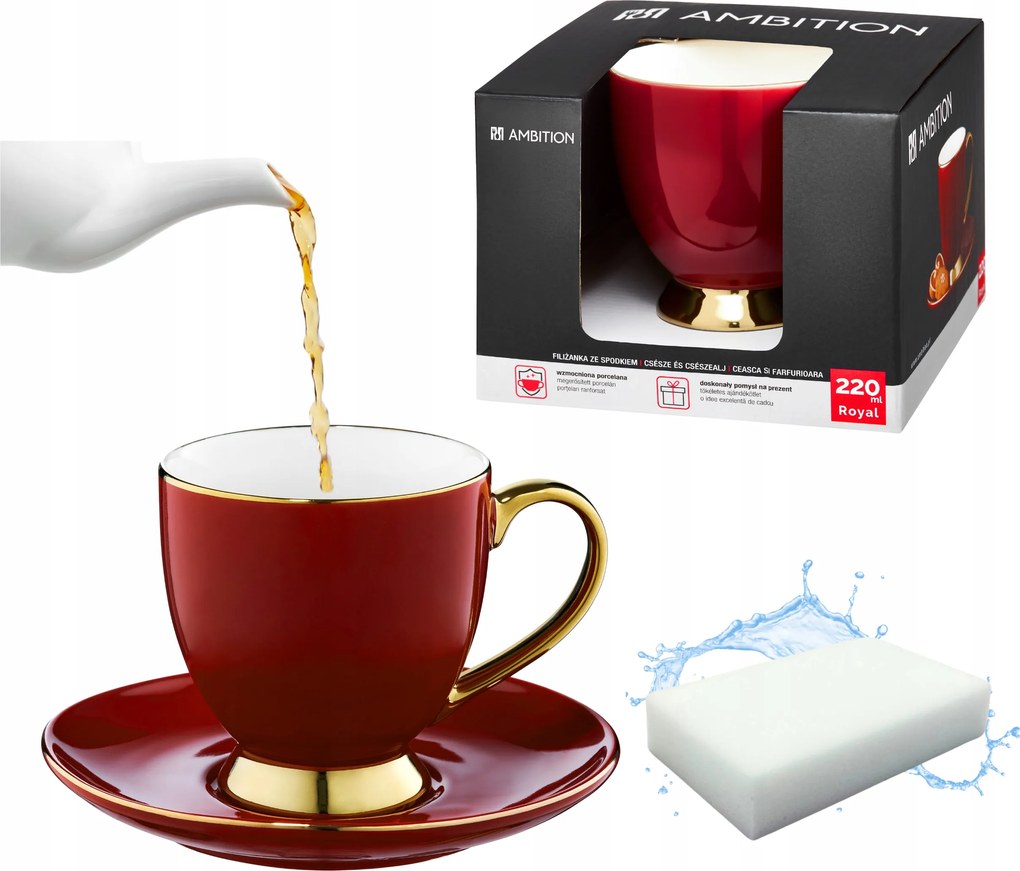 Csésze Csészealj Porcelán Kávé Teás Bögre 220 ML Arany Vonal