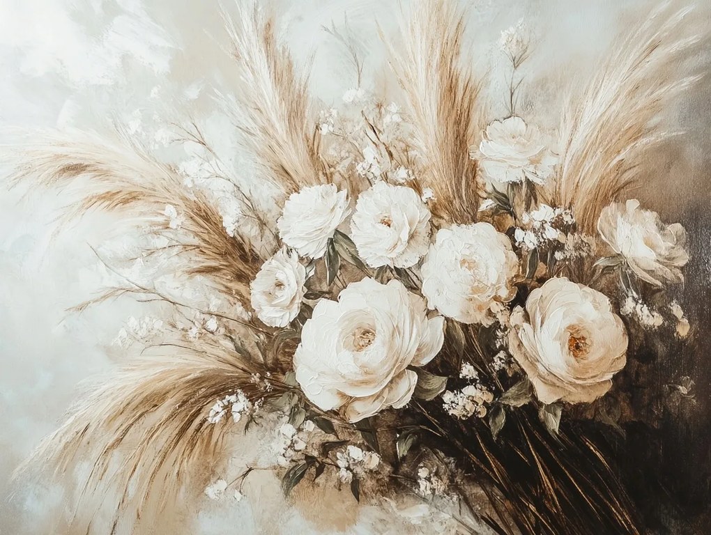 Vászonkép Canvas Csokor Fű Bazsarózsa Rózsa Kompozíció Boho 80x60