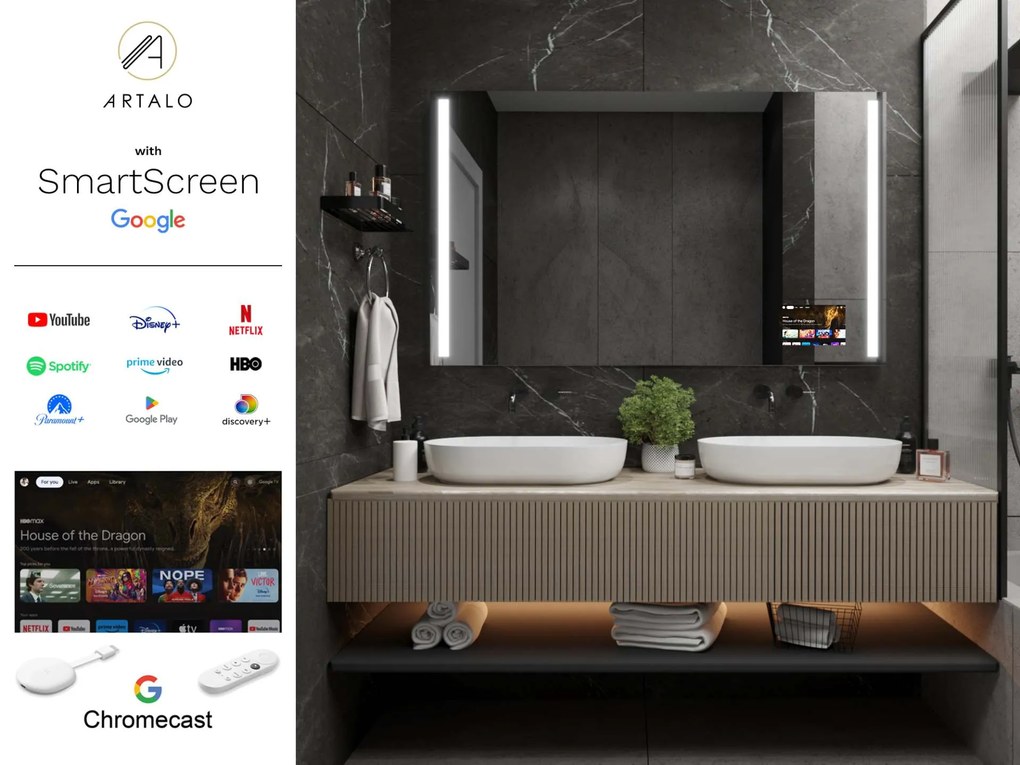 SMART tükör LED világítással M4 prémium + SmartScreen with Google Chromecast