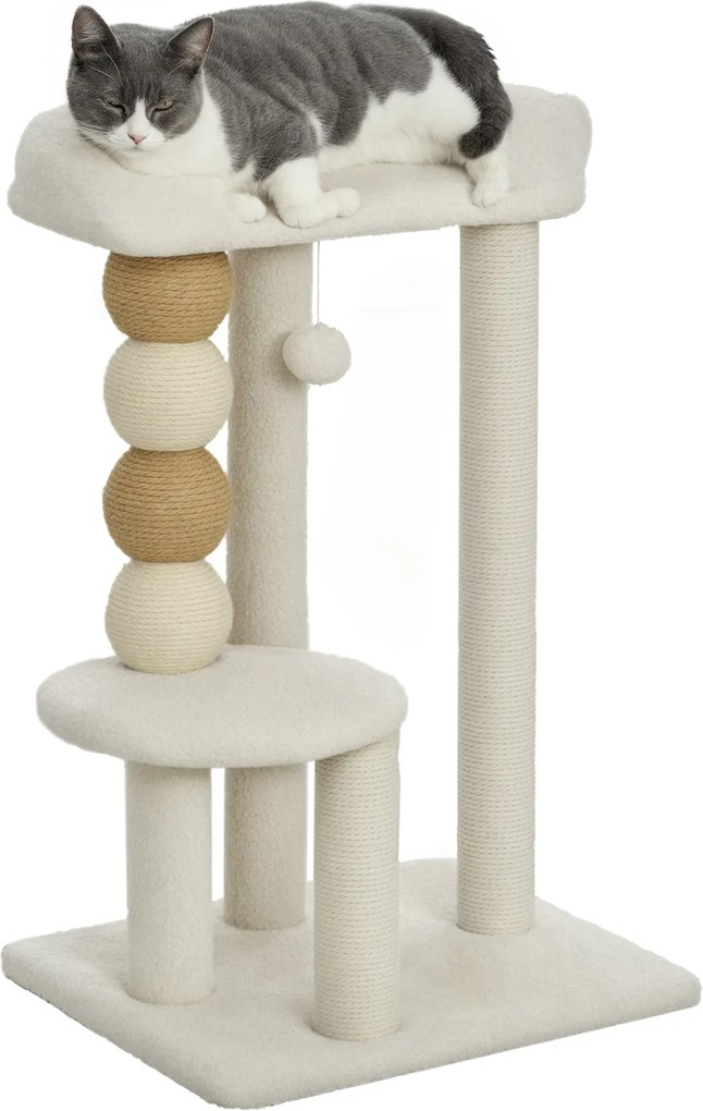 PawHut Macska Kaparófa 76 cm Magas Kattastorony Sherpa Béleléssel, Futtatóval és Kender Poszttal Barna | Aosom