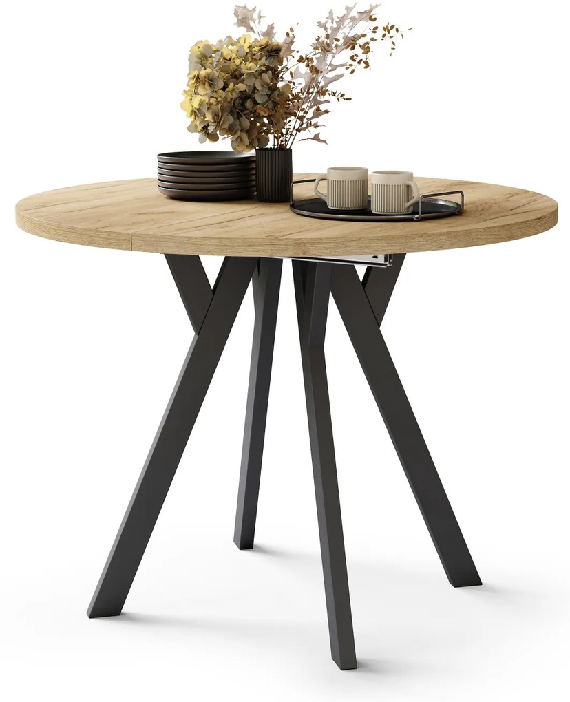 Mazzoni ALMO Arany Craft tölgy/fekete lábak - BŐVÍTHETŐ KEREK ASZTAL Y ALAKÚ LÁBAKKAL LOFT/IPARI STÍLUSÚ NAPPALIBA/ÉTKEZŐBE