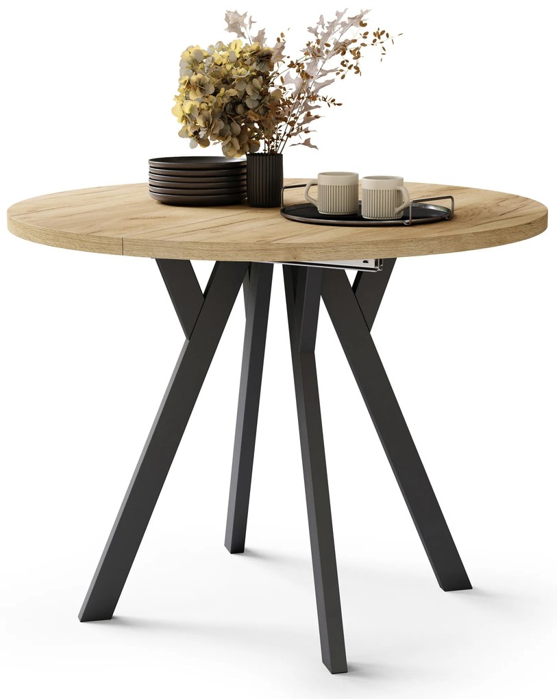 Mazzoni ALMO Arany Craft tölgy/fekete lábak - BŐVÍTHETŐ KEREK ASZTAL Y ALAKÚ LÁBAKKAL LOFT/IPARI STÍLUSÚ NAPPALIBA/ÉTKEZŐBE
