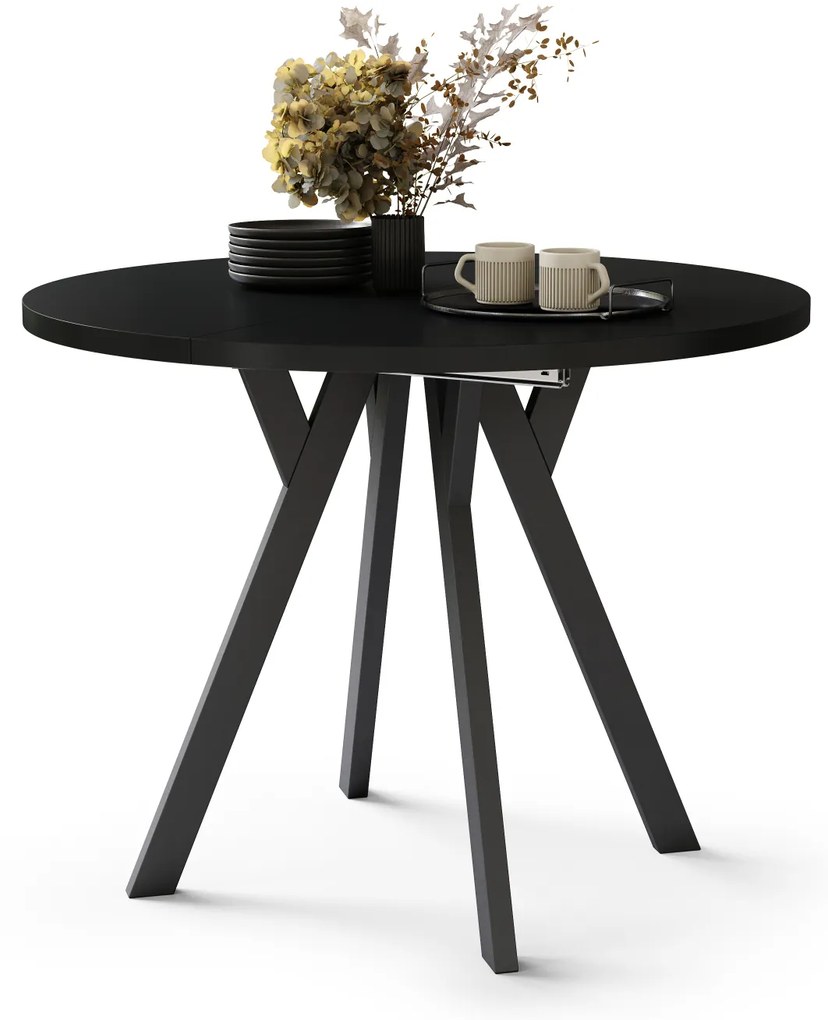 Mazzoni ALMO Fekete/fekete lábak - BŐVÍTHETŐ KEREK ASZTAL Y ALAKÚ LÁBAKKAL LOFT/IPARI STÍLUSÚ NAPPALIBA/ÉTKEZŐBE