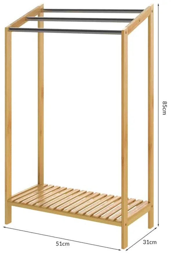 RUBBY bambusz törölközőtartó fém rudakkal és polccal , 51x31x85 cm, barna/ezüst Casaria