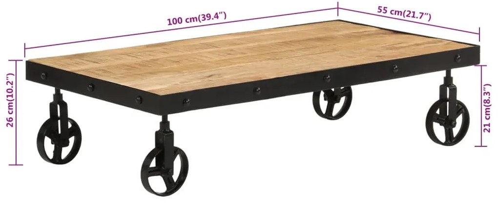 tömör mangófa kerekes dohányzóasztal 100 x 55 x 26 cm
