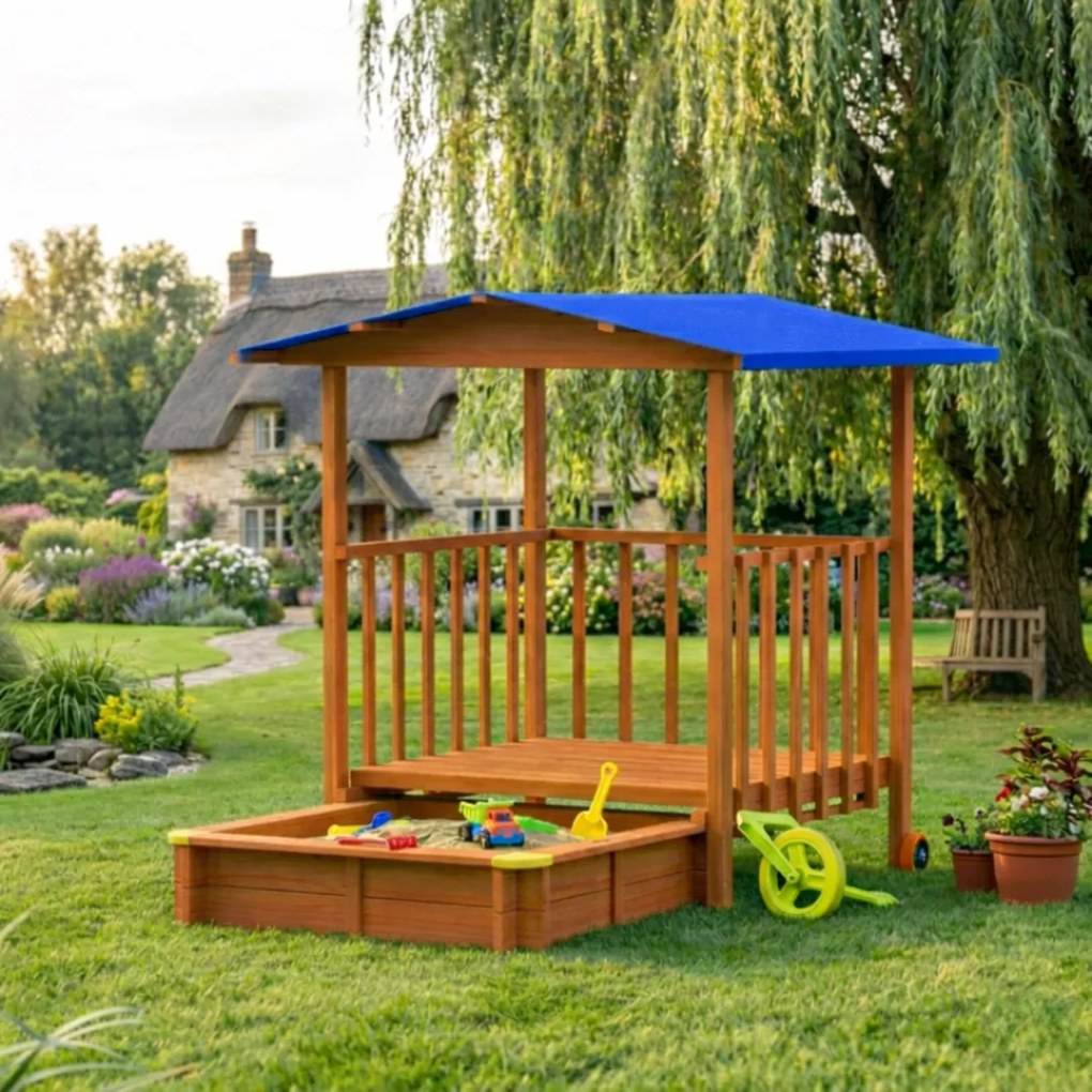 SUNNY verandás homokozó, 130x130x143cm, barna/kék Jurhan