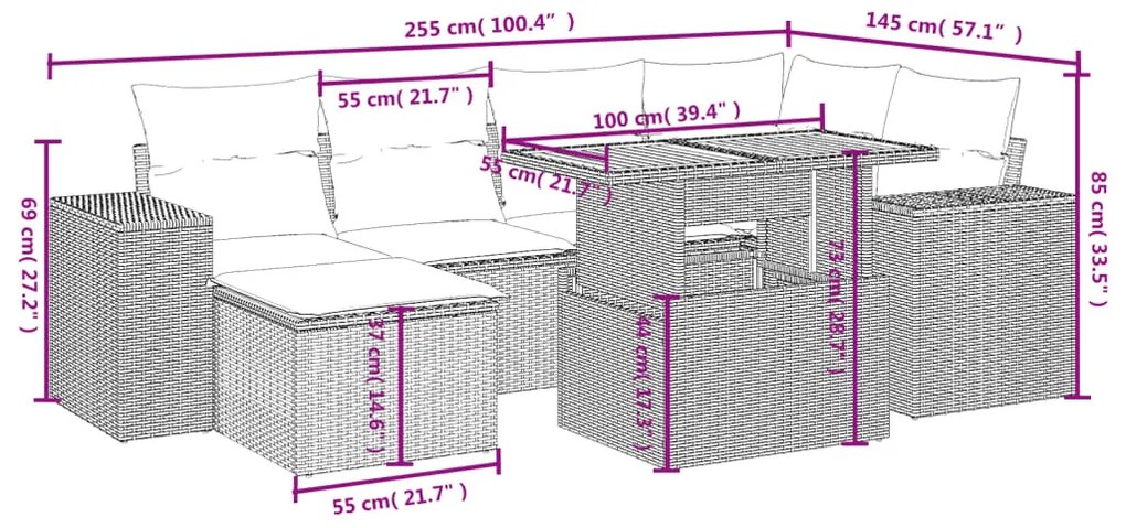 7 részes szürke polyrattan kerti ülőgarnitúra párnákkal