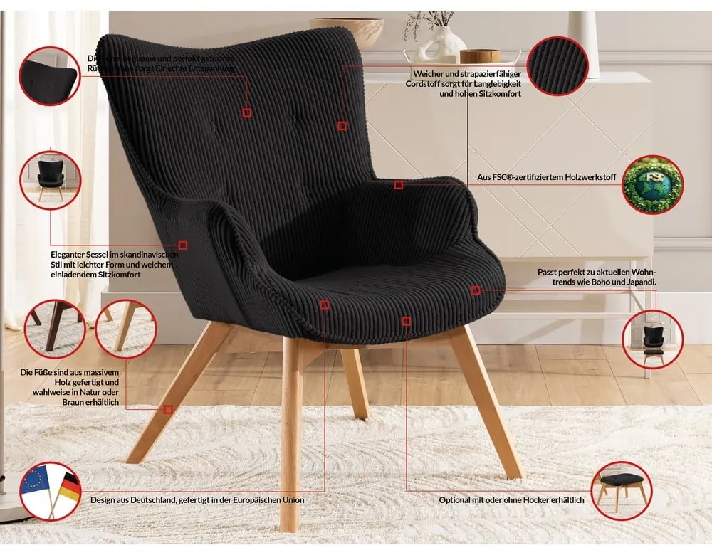 Fekete kordbársony fotel Niko – Ropez