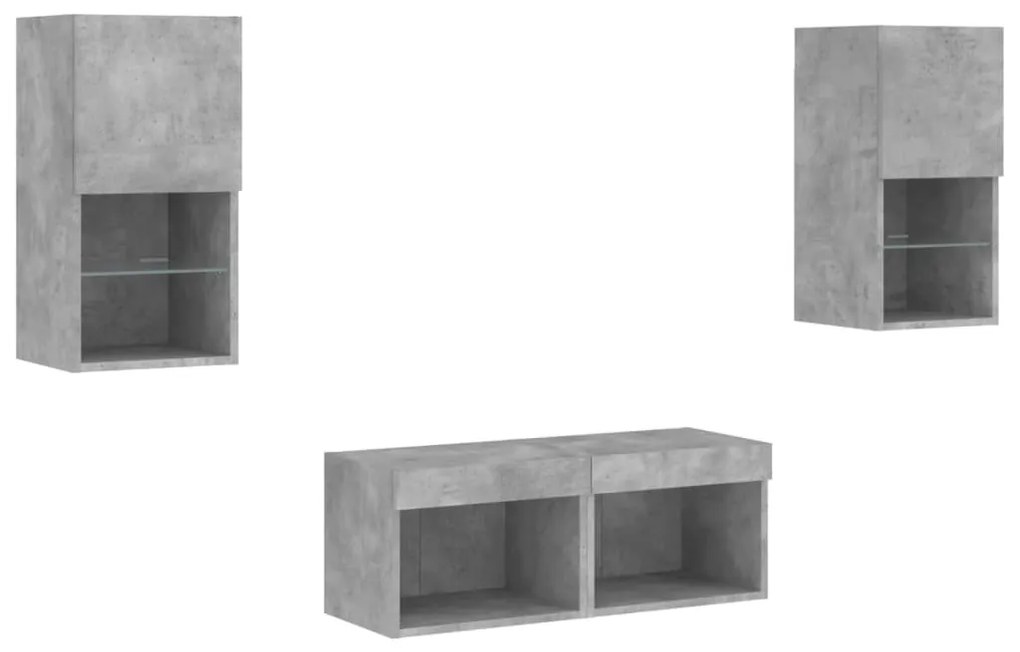 4 darab betonszürke falra szerelhető TV-szekrény LED-del