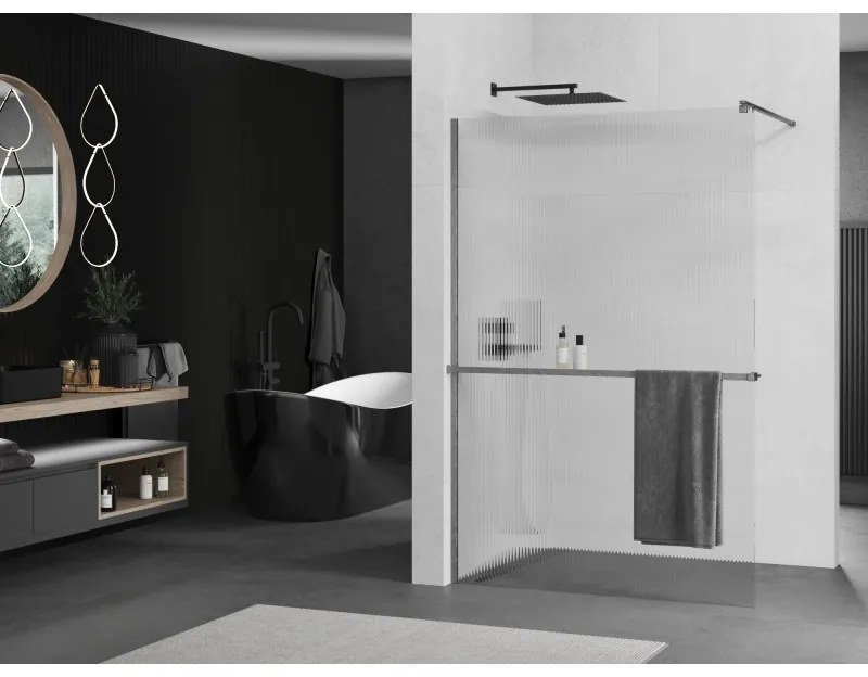 Mexen Kioto+, Walk-In zuhany paraván polccal és akasztóval 80 x 200 cm, 8 mm-es üveg bordás mintával, grafit profil, 800-080-121-66-09