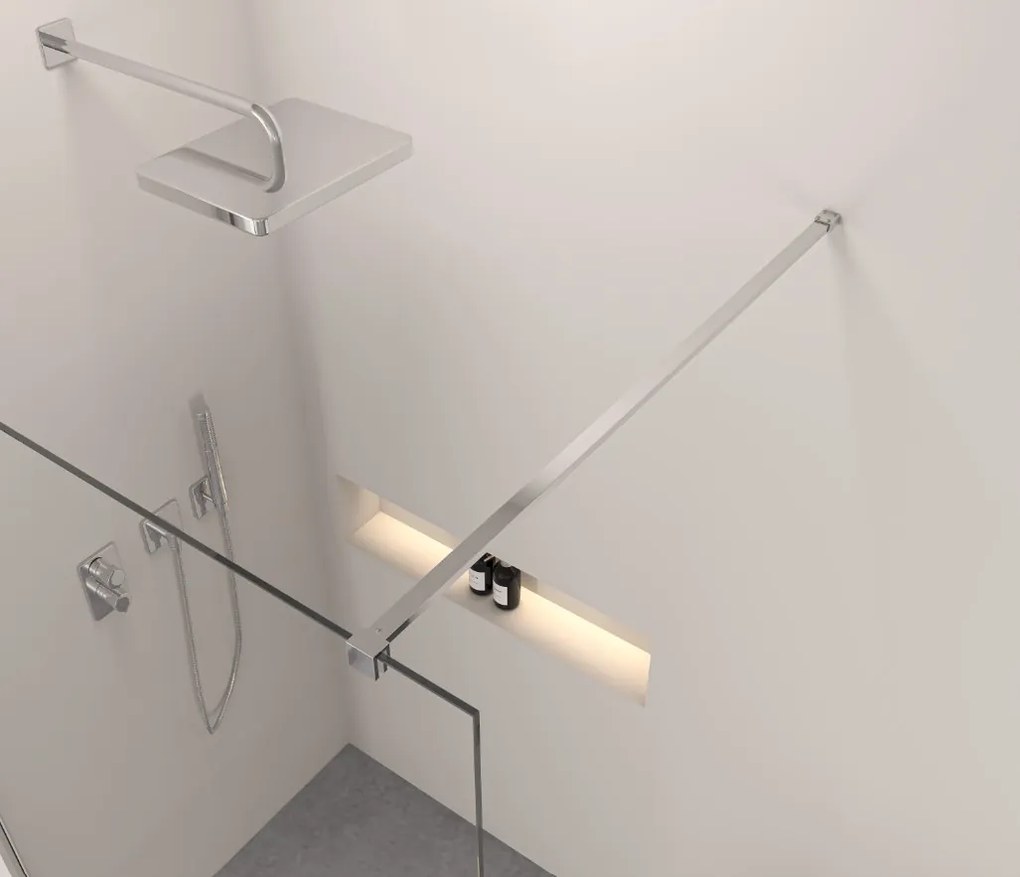 Erga Paris, Walk-In zuhany paraván 140x200 cm polccal és törülközőtartóval, 8 mm átlátszó üveg, króm profil, ERG-V02-PARIS-140x200-CL-CR-BAR