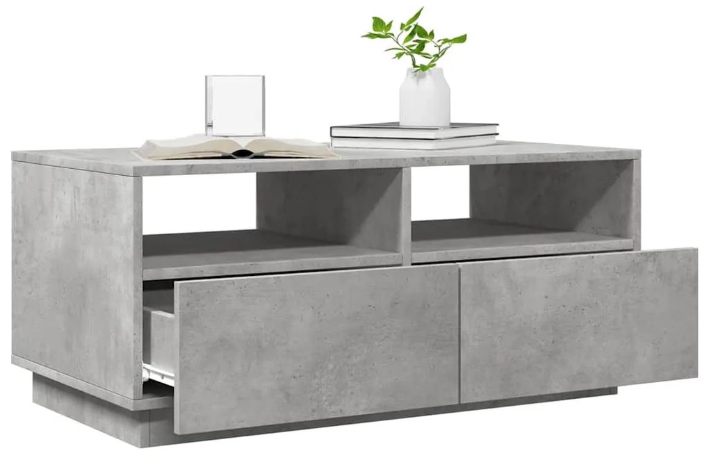 Betonszürke dohányzóasztal LED-lámpákkal 90x49x40 cm