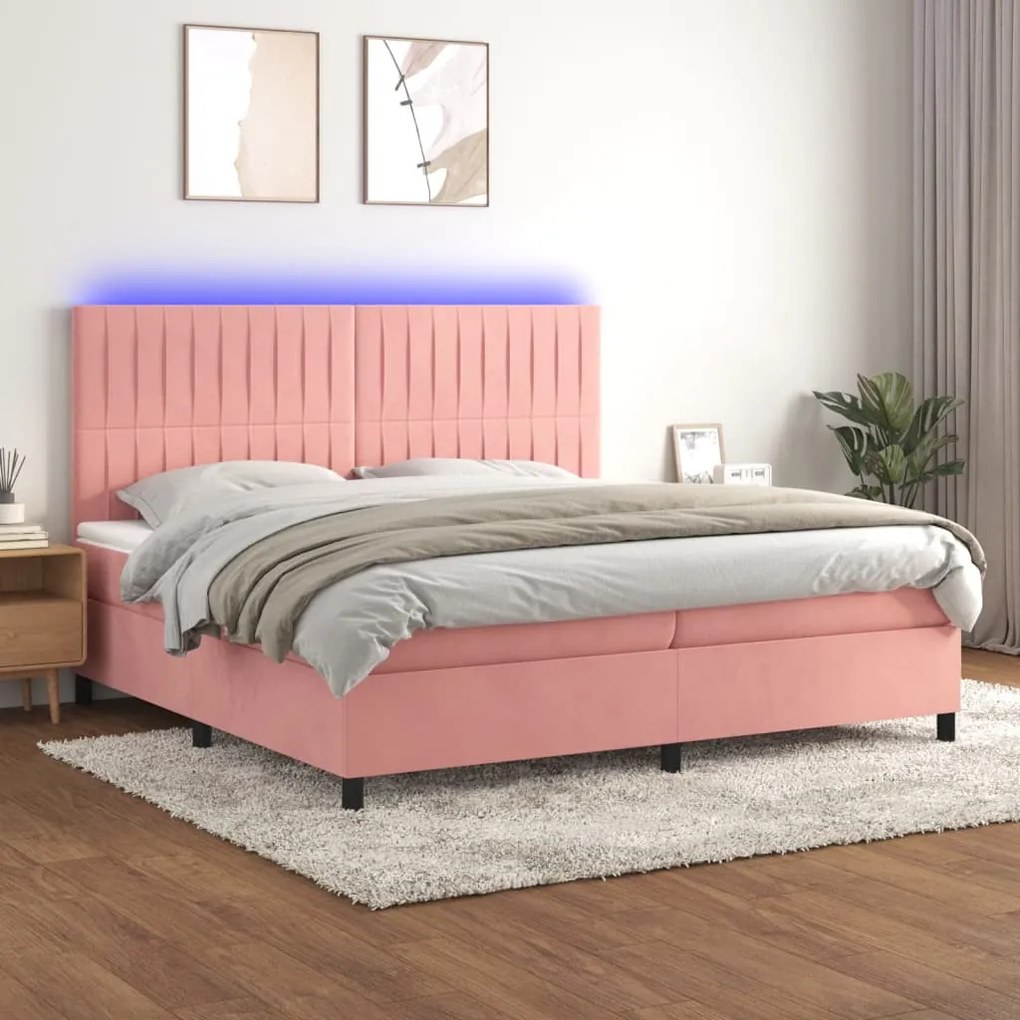 rózsaszín bársony rugós és LED-es ágy matraccal 200x200 cm