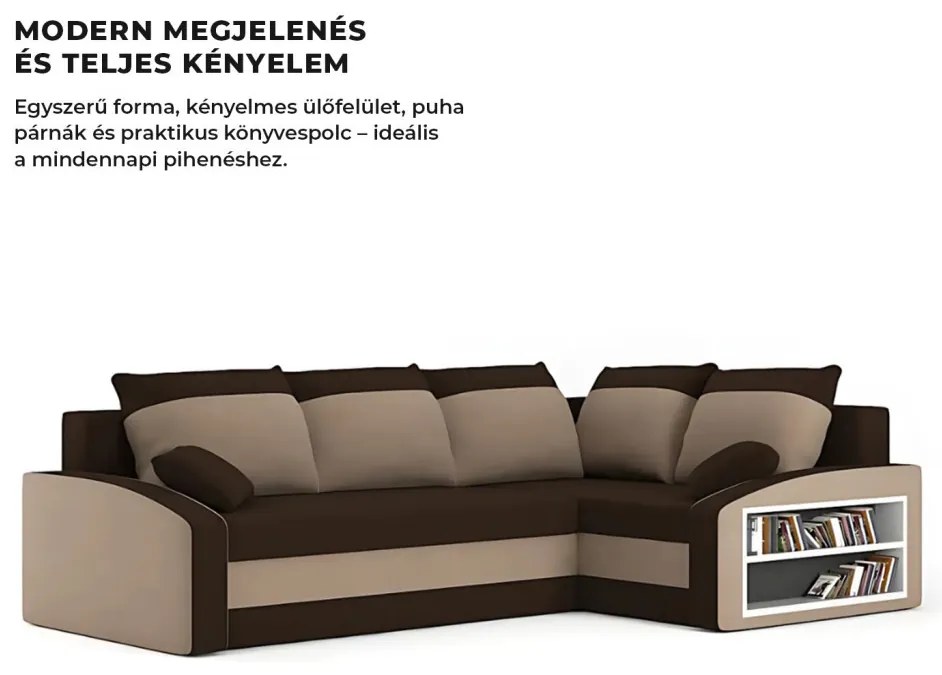Grande sarokkanapé polcokkal , polc a jobb karfaban, jobboldali, szövet anyag, bonell töltet, barna