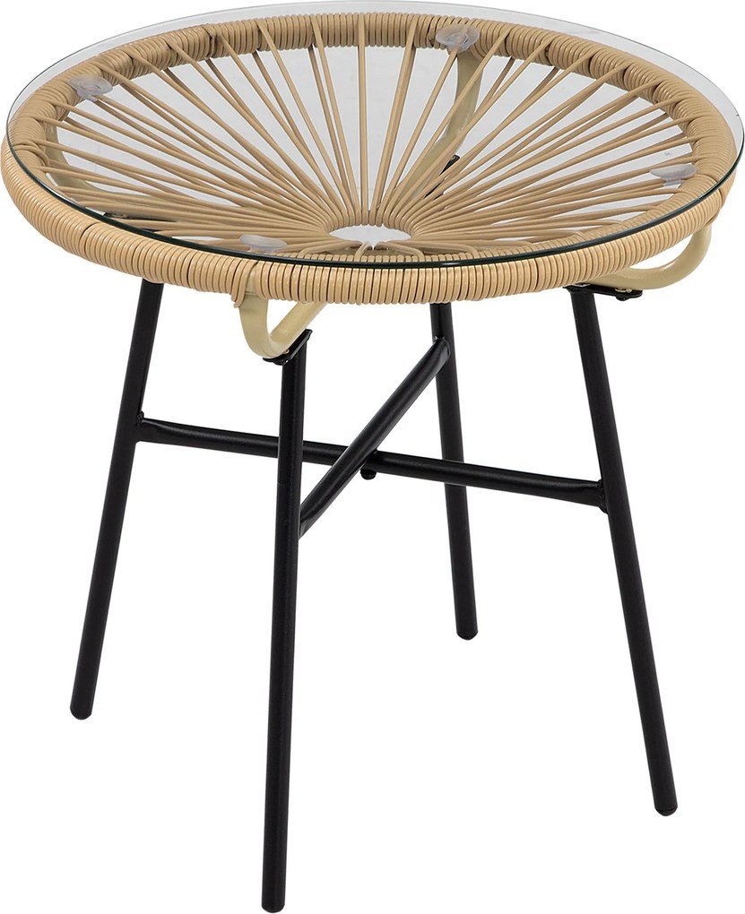 Outsunny Bézs Színű, Kerek PE Rattan Kávézó Asztal Üveglapos Tálcával - Kerti Asztal, Terasz Bútor, Bútor Asztal, Bistro Asztal, 50 x 50 x 50 cm | Aos