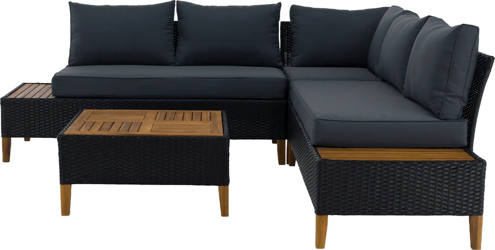 Kerti rattan szett, akácfa, fekete/szürke/természetes, MALKOM