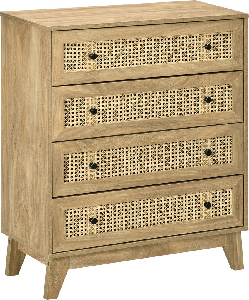 HOMCOM 4-fiókos Tárolószekrény Rattan Fonott Előlappal 80 x 35 x 95 cm Világos Fa Felülettel | Aosom