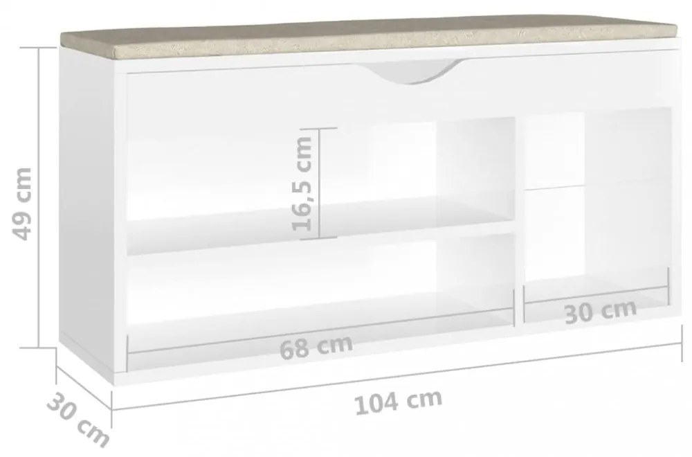magasfényű fehér szerelt fa cipőtároló pad párnával 104x30x49cm
