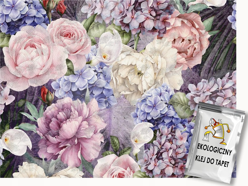 Fotótapéta Flizelina Virágok Pasztell Bazsarózsa Hortenzia 200x140 ragasztó