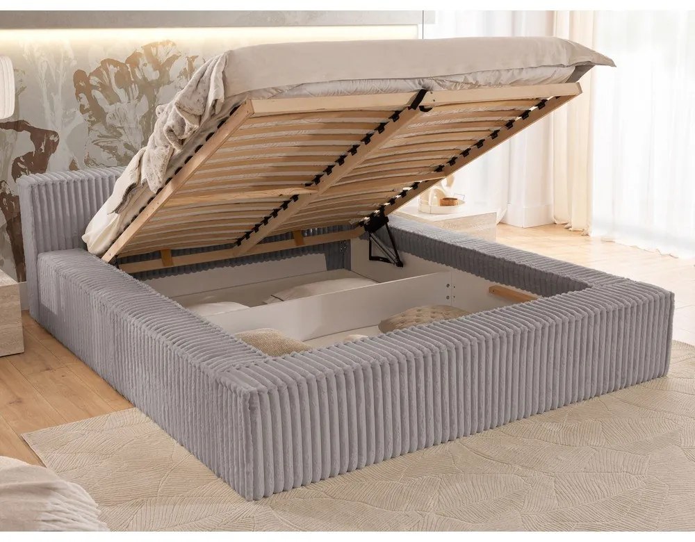 Szürke kárpitozott ágyneműtartós franciaágy ágyráccsal 200x200 cm Cloe – Ropez