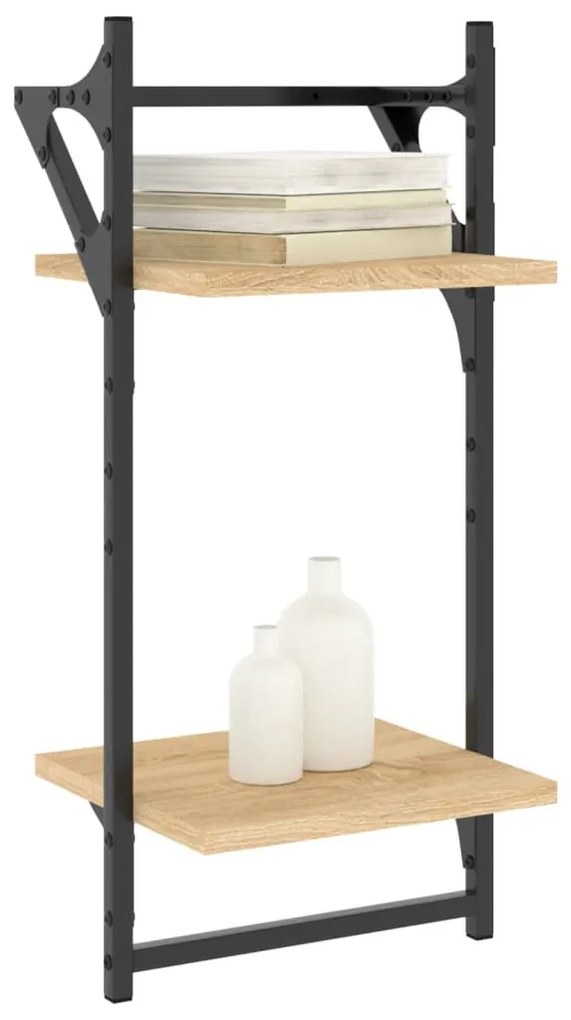 2 db 2 szintes sonoma tölgyszínű falipolc rúddal 30x25x65 cm