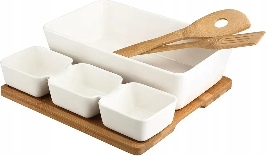 Saláta tálaló porcelán tálakkal bambusz deszkán Altom Design Regular