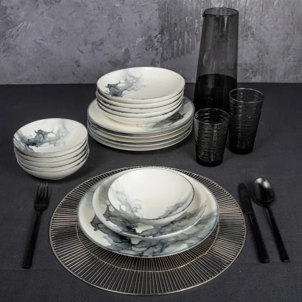 24 részes étkészlet fehér/fekete/porcelán