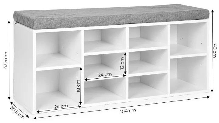 Cipőszekrény szürke párnával és 10 fehér polccal