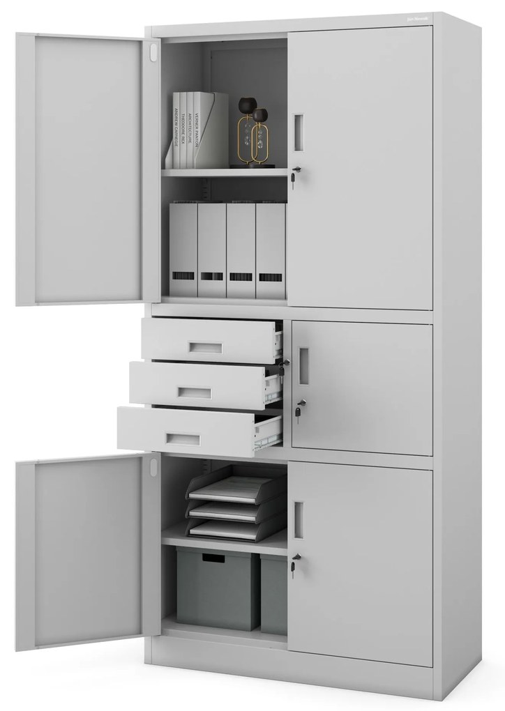 Fém iratszekrény széffel és fiókokkal FILIP II, 900 x 1850 x 400 mm, szürke