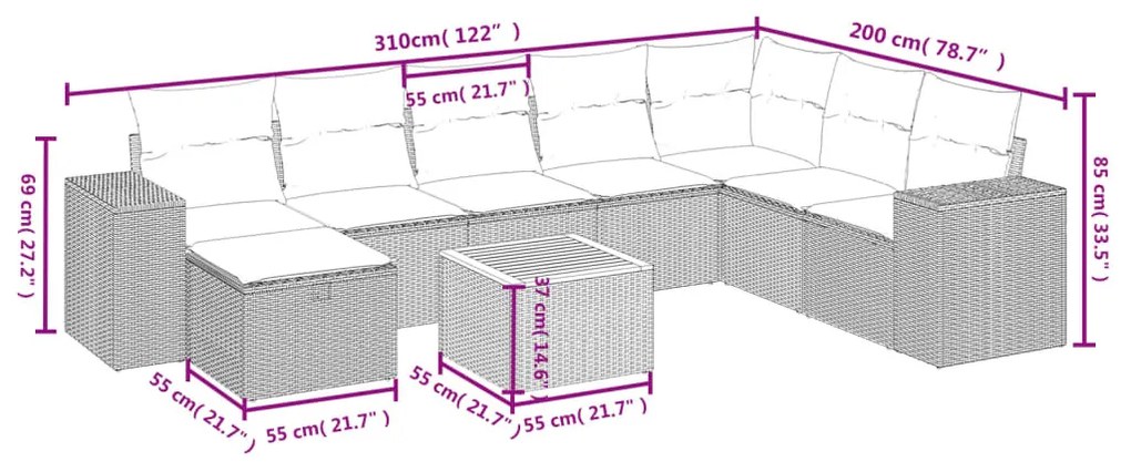 9 részes fekete polyrattan kerti ülőgarnitúra párnákkal